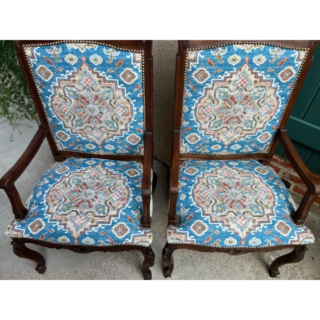 1900 - 1909 Pair Antique French Dining Arm Chairs Louis XV Carved Oak Blue Persian Textile For Sale - Image 5 of 18