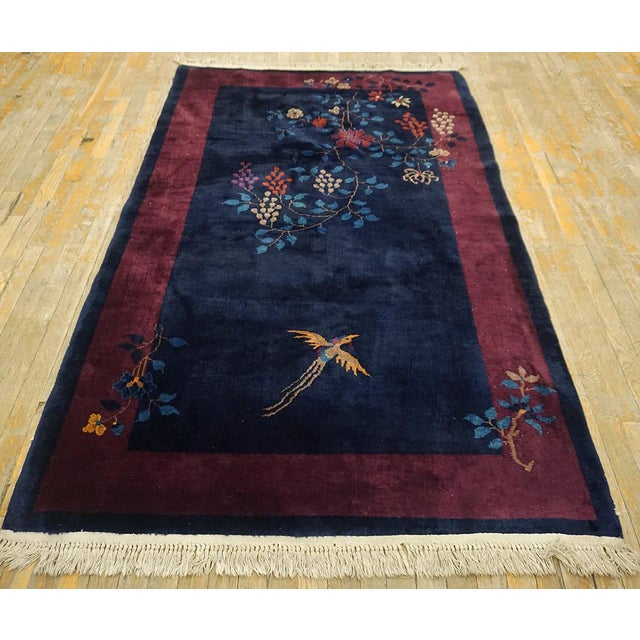 1920s Blue Navy Floral Bird Antique Chinese Art Deco Carpet 4'1" X 6'8" Knotted Wool Rug For Sale - Image 10 of 11