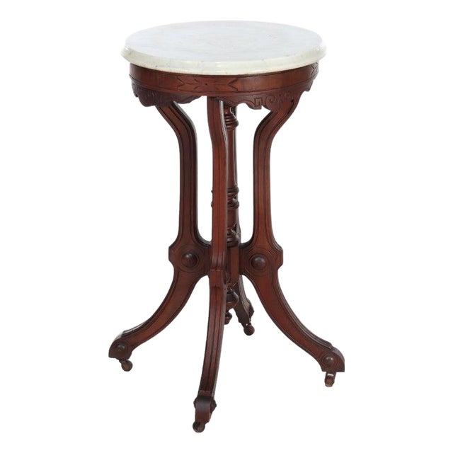 Antique Renaissance Revival Chip Carved Walnut Marble Top Stand C1890 For Sale