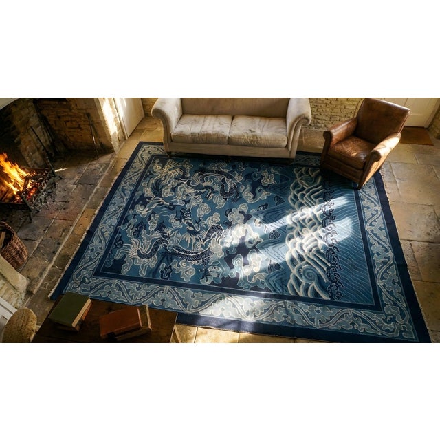 Fantabulous Tone of Blue Background Color in a Chinoiserie Pattern Antique Chinese Peking Rug For Sale - Image 9 of 9