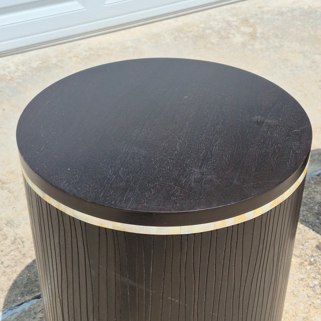 Wood 2000s Faux Bois Wood & Mother of Pearl Drum Tables Drink Accent Side Tables, a Pair For Sale - Image 7 of 14