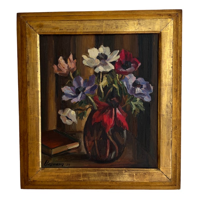 Louis Henri Salzmann, Bouquet de fleur et livre, 1933, Oil on Cardboard, Framed For Sale