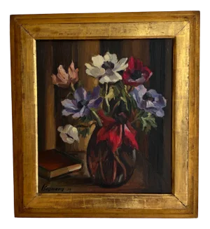 Louis Henri Salzmann, Bouquet de fleur et livre, 1933, Oil on Cardboard, Framed