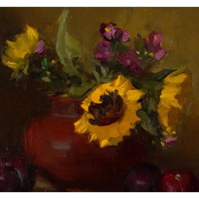 Realism Sun Flowers by Nancy Chaboun | Oil on canvas Still life with sunflowers and fruit in a vase. For Sale - Image 3 of 4