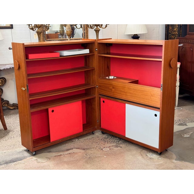 Brown Mid Century Modern Teak Folding Bar With Red Interior For Sale - Image 8 of 14