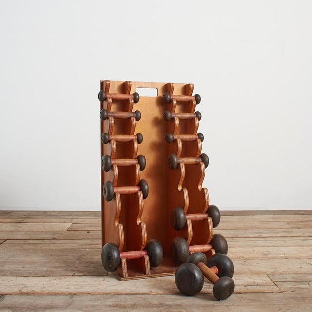 Antique French Wooden Cast Iron Dumbbell Exercise Weight Set A set of original antique exercise dumbbells retaining their...