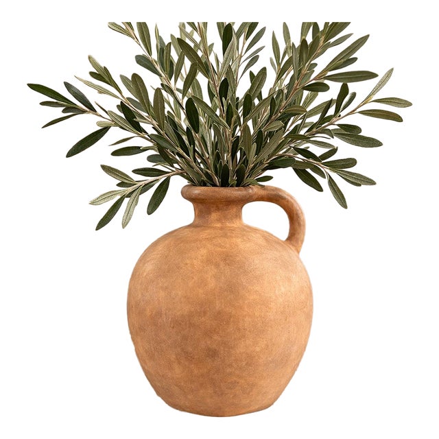 Vintage Terracotta Jug Vase | Olive Branch Vase Style | Rustic Farmhouse Pottery For Sale