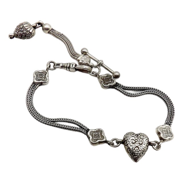Early 20th Century Sterling Silver Victorian Albertina Watch Chain or Bracelet With Heart For Sale