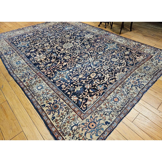 Persian Antique Persian Ziegler Mahal Sultanabad Rug, Hand-Knotted Wool, Geometric Pattern, Navy & Ivory, 9x12 For Sale - Image 3 of 16