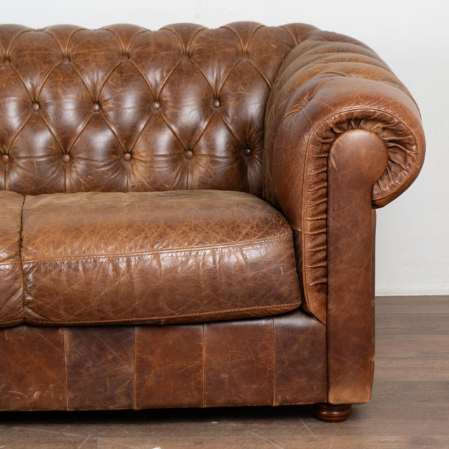 20th Century English Vintage Brown Leather Chesterfield Three Seat Sofa For Sale - Image 13 of 14