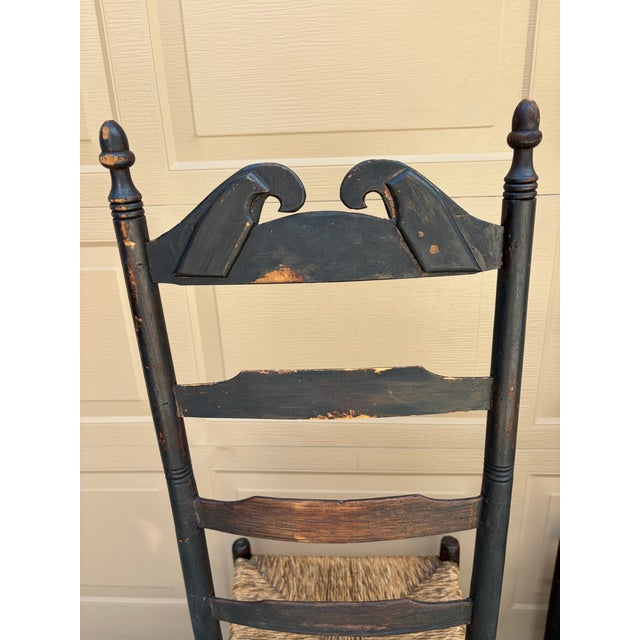 Pair of Antique Black Painted Shaker Ladder Back Chairs With Rush Seats For Sale - Image 14 of 18