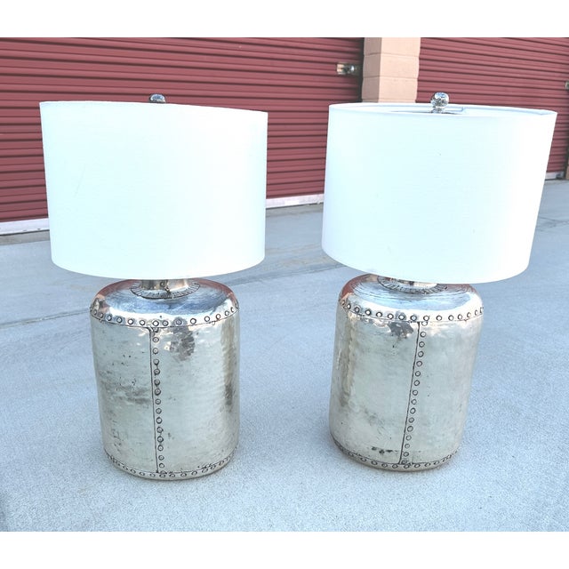 Metal Pottery Barn Siver Hammered Metal Rivet Table Lamps W/Shades-Pair For Sale - Image 7 of 11