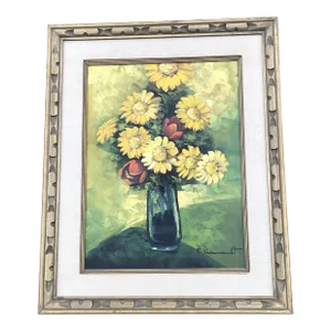 Original Vintage Impressionist Mid Century Sunflower Still Life Painting Original Vintage Frame 1950’s