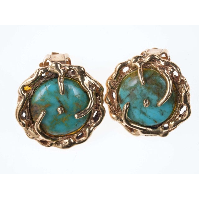 Mid Century 14k gold/Turquoise clip on earrings. Very cool pair of 14k and natural turquoise earrings with strong springs...