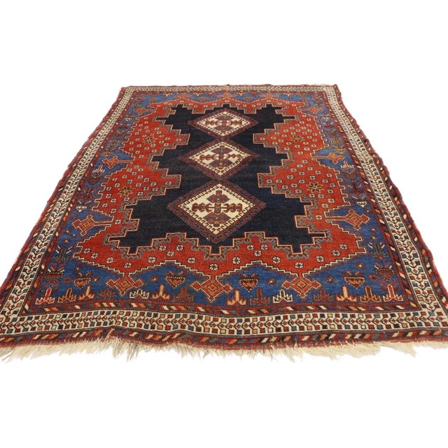 Tribal Antique Persian Shiraz Rug - 04'04 x05'07 For Sale - Image 3 of 7