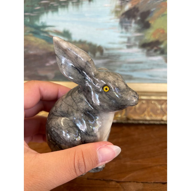Italian Vintage Hand-Carved Italian Alabaster Rabbit Sculpture With Veined Gray Finish.. For Sale - Image 3 of 9