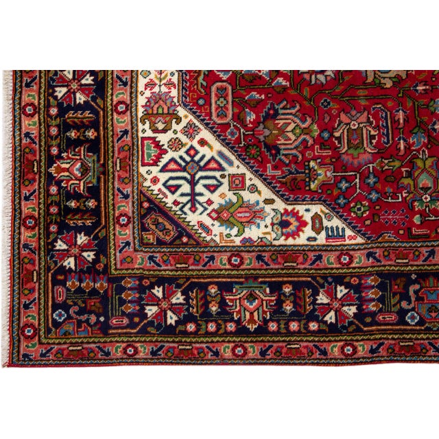 1960s Vintage Persian Tabriz Handmade Medallion Red Wool Rug For Sale - Image 4 of 7