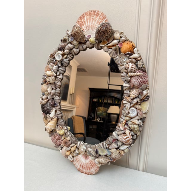 White Mid Century Palm Beach Regency Oval Shell Encrusted Wall Mirror in the Style of Tony Duquette For Sale - Image 8 of 12