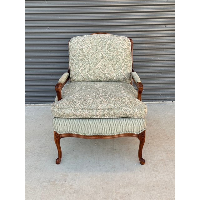 Hickory White 1970s Hickory White French Provincial-Style Bergère Armchair in Sage Green Brocade & Geometric Fabric For Sale - Image 4 of 14
