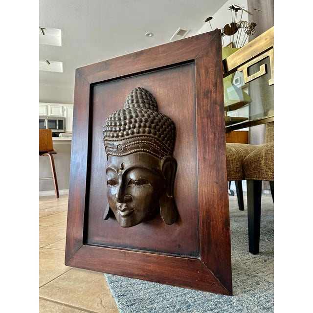 Large Buddha Head Wood Carving Sculpture Wall Art For Sale - Image 17 of 18
