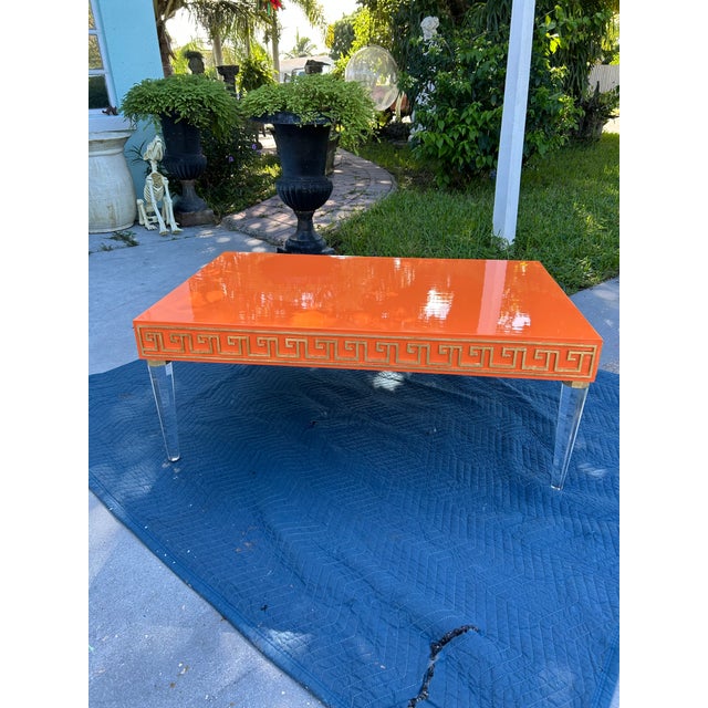 Mid-Century Modern Style High-Gloss Orange Lacquered Wood and Lucite Greek Key Coffee Table by Julio Jimenez For Sale - Image 4 of 17