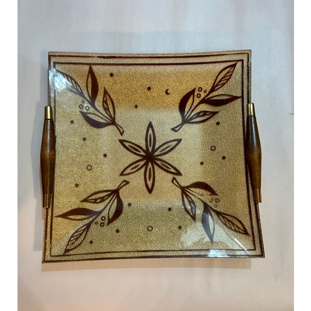 Georges Briard Vintage Glass Serving Tray With Wood Handles & Brass accents. Beige with brown leaf designs. The back has a...