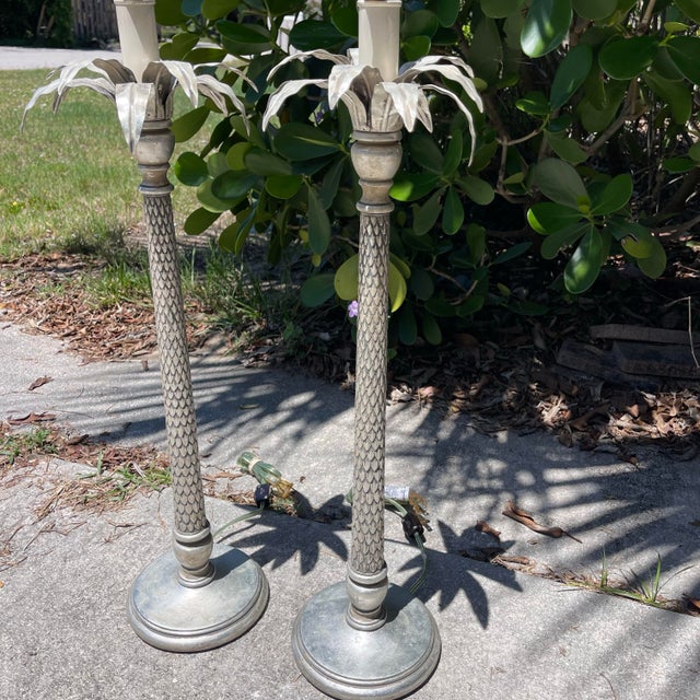Metal Hollywood Regency Palm Tree Table Lamps Silver Gilt Tole, a Pair For Sale - Image 7 of 12