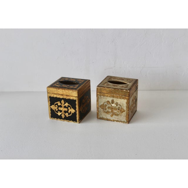 Gold Vintage Hand-Made Italian Florentine Tissue Box Cover Gold White Black Mid-Century- A Pair For Sale - Image 8 of 11