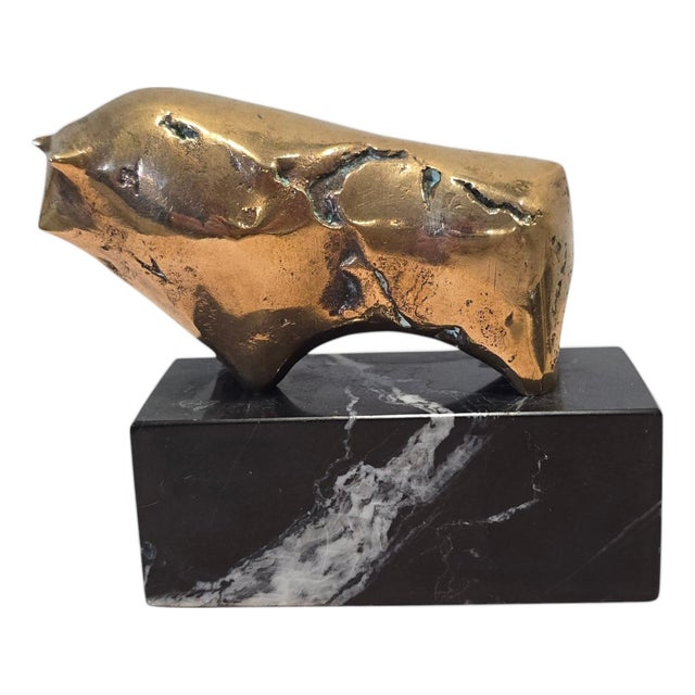 Modern Bronze Bull Sculpture on Marble Base, 1970 For Sale