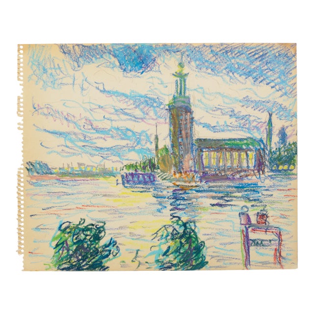 Mid-Century Swedish Folk Art Oil Pastel Drawing of Stockholm City Hall in Sky Blue, Pink, Purple, Teal, Green For Sale