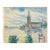 Mid-Century Swedish Folk Art Oil Pastel Drawing of Stockholm City Hall in Sky Blue, Pink, Purple, Teal, Green For Sale