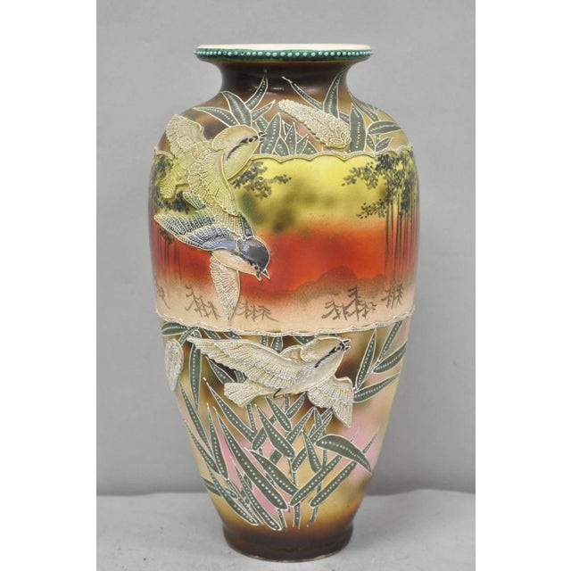 Antique Japanese Heavy Moriage Hand Painted Porcelain Oriental Bird Satsuma Vase For Sale - Image 16 of 16