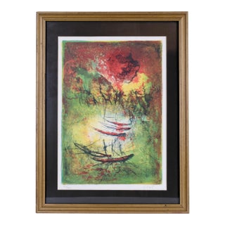 Mid-Century Hoi Lebadang "Five Boats" Hand Signed & Numbered Limited Edition 95/275 Framed and Matted For Sale