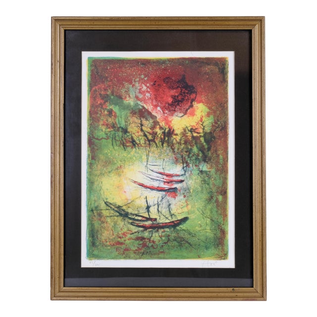 Mid-Century Hoi Lebadang "Five Boats" Hand Signed & Numbered Limited Edition 95/275 Framed and Matted For Sale