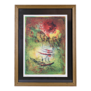 Mid-Century Hoi Lebadang "Five Boats" Hand Signed & Numbered Limited Edition 95/275 Framed and Matted