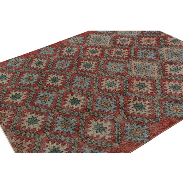 Hand Knotted in wool, this 6x7 vintage Zeki Múren rug originates from 1960s Turkey, and features a unique play of Art Deco...