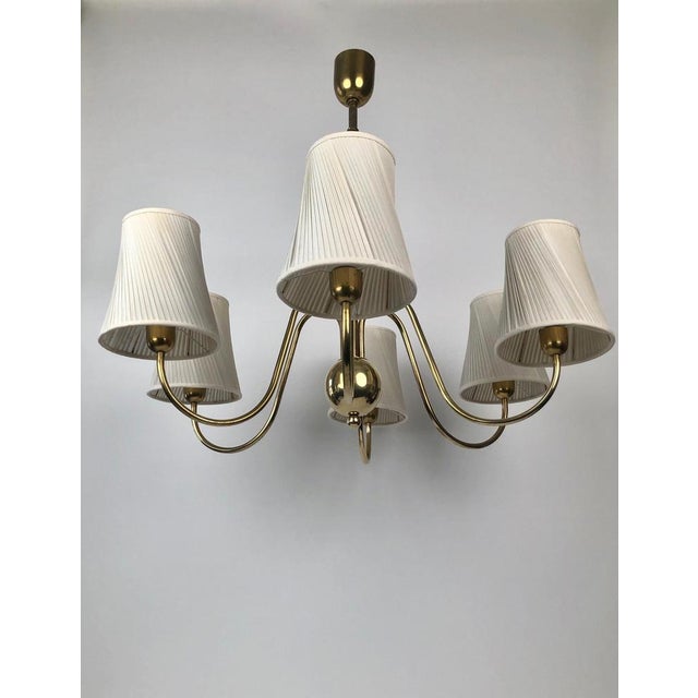 Six Arm Chandelier with Silk Shades in Brass from Josef Frank, Austria, 1930s For Sale - Image 3 of 15