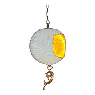 Antique Abstract Egg Shaped Shade With Sculptural Dragon Goddess Finial Pendant Light For Sale