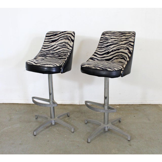 Mid Century Danish Modern Chromcraft Zebra Print Swivel Bar Stools a