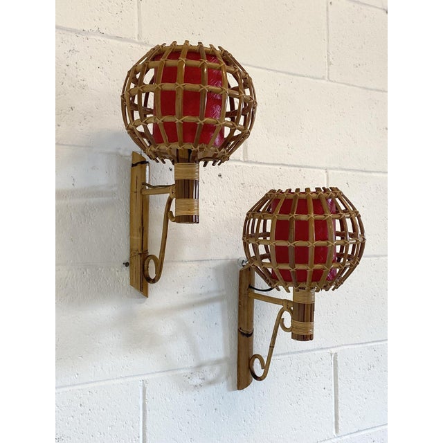 Rattan and Bamboo Wall Lamps, 1970s, Set of 2 For Sale - Image 9 of 10