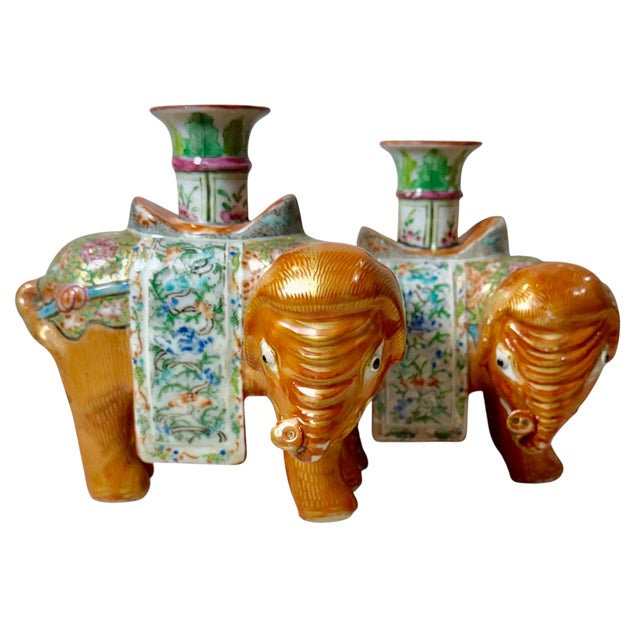 19th Century Chinese Export Rose Mandarin Porcelain Elephant Candlesticks - A Pair For Sale - Image 10 of 12