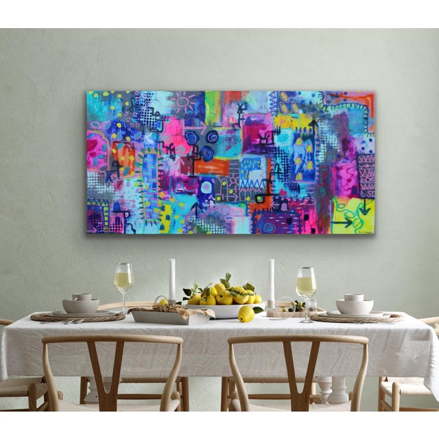 The painting was created with a variety of mediums including ink, watercolor, and oil sticks. This is a bright and...