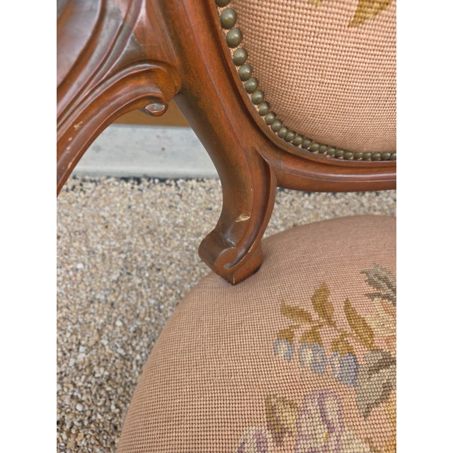 Wood Victorian Floral Needlepoint Tapestry Covered Armchair For Sale - Image 7 of 12
