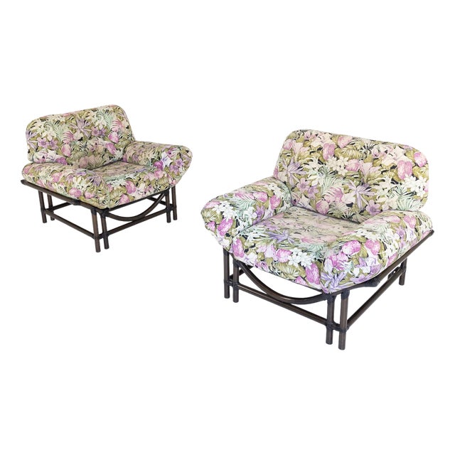 Rattan Armchairs with Floral Cushions, 1970s, Set of 2 For Sale