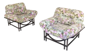 Rattan Armchairs with Floral Cushions, 1970s, Set of 2
