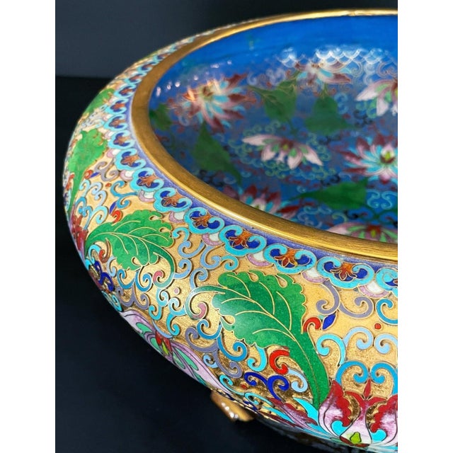 Large Vintage Chinese Cloisonné Lotus Bowl on Carved Wood Stand, 14 Inches For Sale - Image 4 of 8