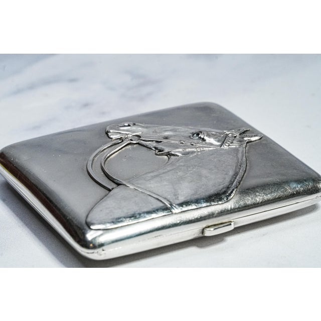 Metal Wonderful High Relief European 800 Antique Silver Horse Equestrian Cigarette Case Tobacciana For Sale - Image 7 of 16