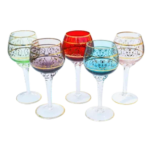 Mid 20th Century Golden-Rimmed Floral-Patterned Colorful Crystal Stems - Set of 5