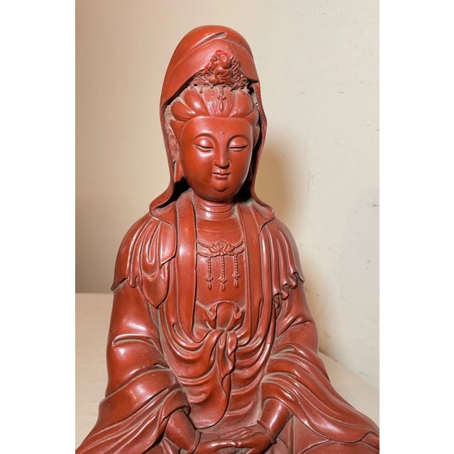 Large Antique Chinese Signed Guanyin Red Lacquer Cinnabar Statue Sculpture For Sale - Image 4 of 17