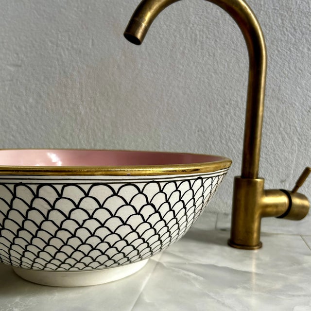 Not Yet Made - Made To Order White & Pink Ceramic Sink With 14k Gold Rim Vessel Round Sink Bowl With Drain For Sale - Image 5 of 7